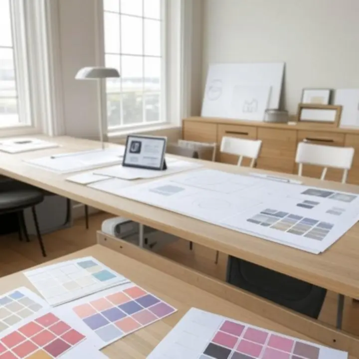 Letisztult branding munkakörnyezet vázlatokkal és digitális eszközökkel