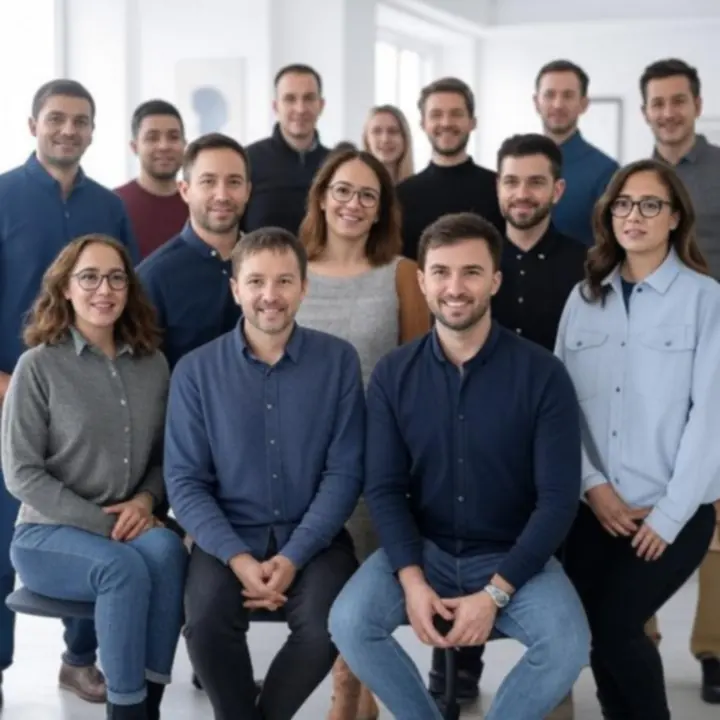 A Danube Design Hub stúdió csapata mosolyogva, egy világos, minimalista térben csoportképet készít.